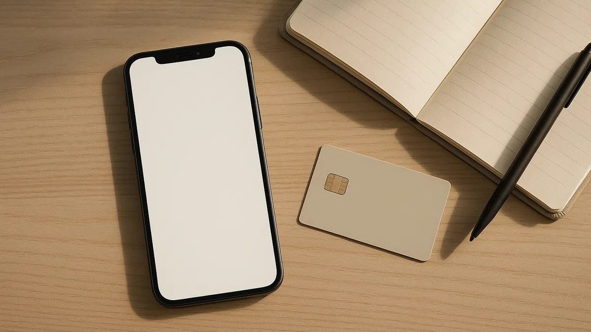 Smartphone et carte bancaire posés sur un bureau à côté d'un carnet