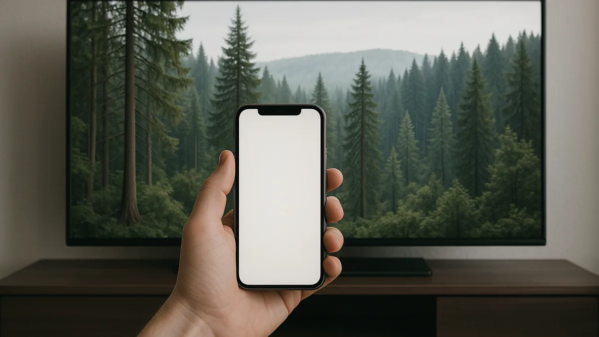 Main tenant un smartphone devant un téléviseur allumé affichant un paysage de forêt