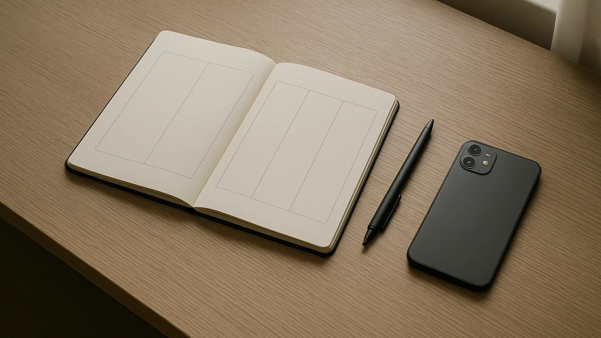 Carnet ouvert sur un bureau avec quatre colonnes tracées, un stylo et un smartphone