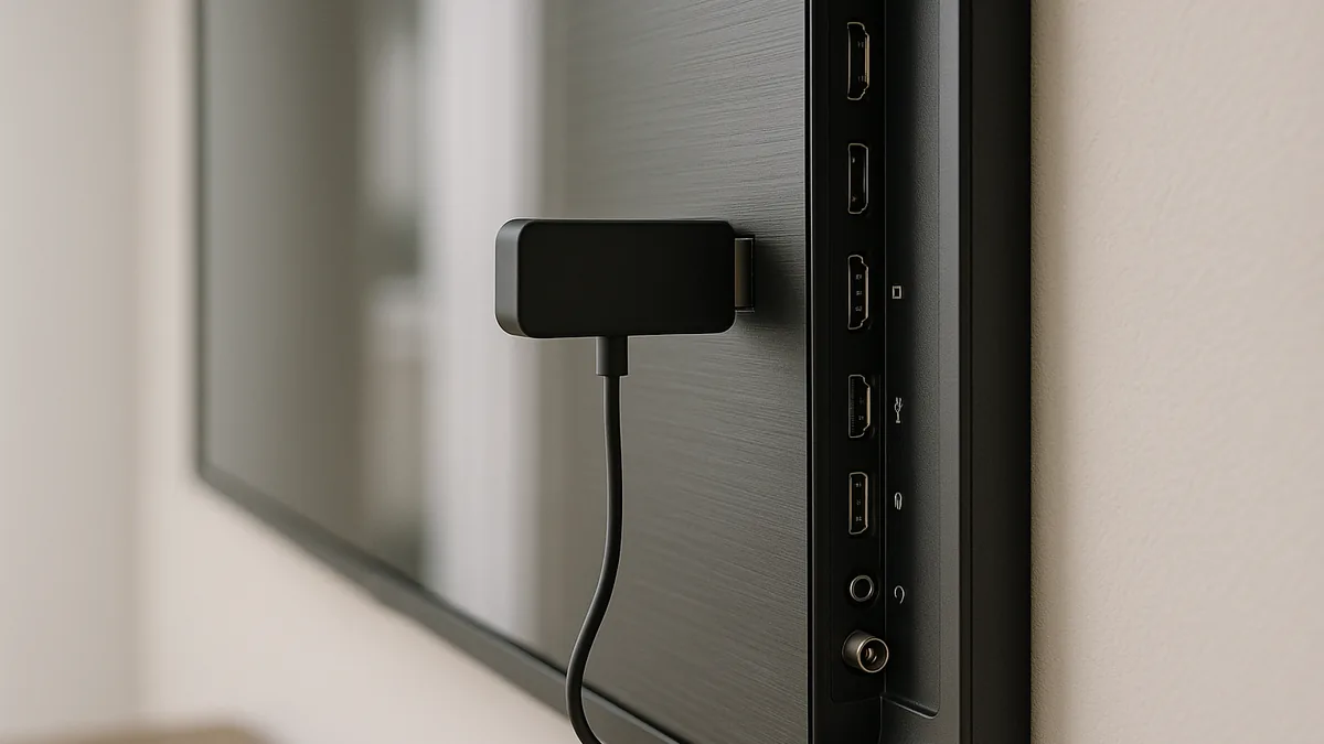 Gros plan sur une clé de streaming branchée dans un port HDMI à l'arrière d'un téléviseur