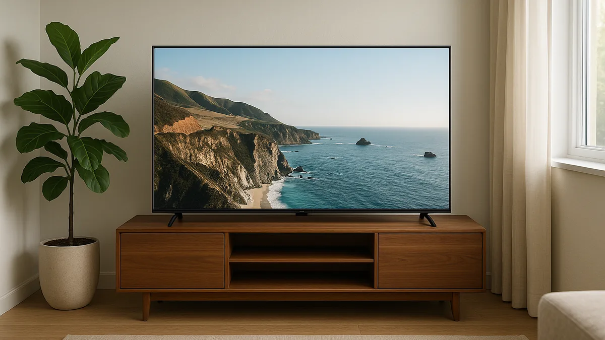 Téléviseur posé sur une console en bois dans un salon clair, écran affichant un paysage côtier