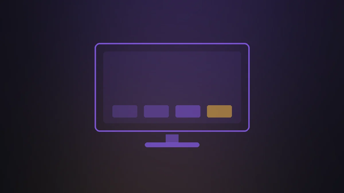 Illustration d'un téléviseur sur pied avec une rangée de tuiles, dans les tons violets de la marque