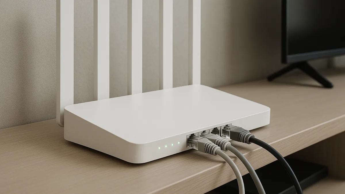 Gros plan sur un routeur Wi-Fi blanc avec des câbles Ethernet branchés et des voyants allumés