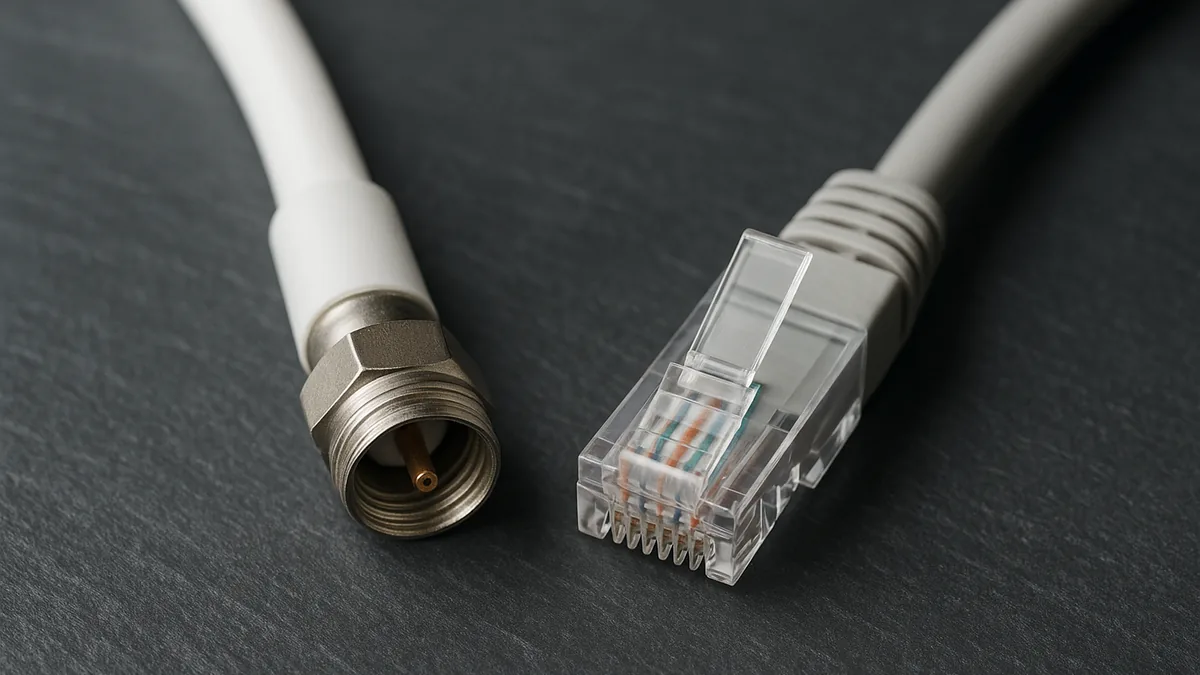 Câble coaxial et câble Ethernet posés en parallèle sur une surface d'ardoise, connecteurs en gros plan