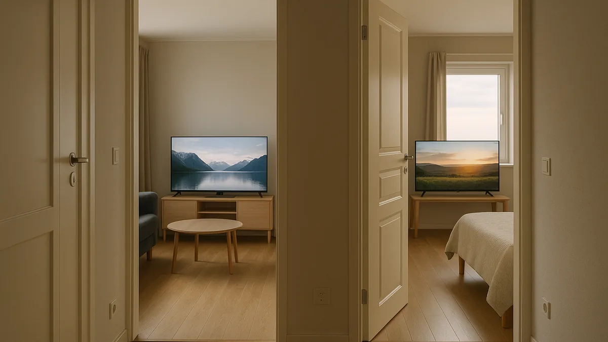 Intérieur d'un appartement avec un téléviseur allumé dans le salon et un second visible par une porte ouverte