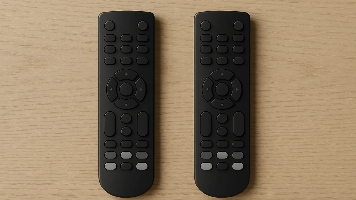Deux télécommandes de téléviseur identiques posées côte à côte sur une table en chêne clair