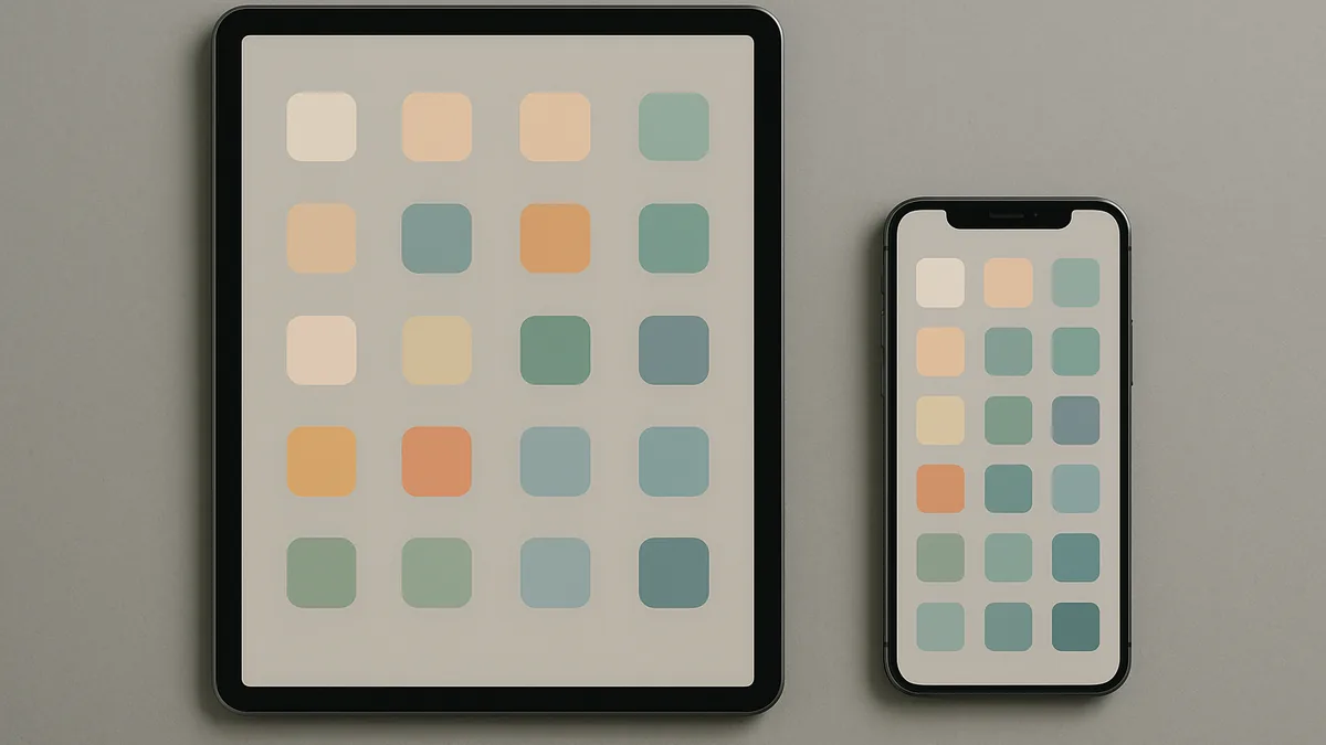 Tablette et smartphone posés à plat, écrans affichant une grille de tuiles colorées
