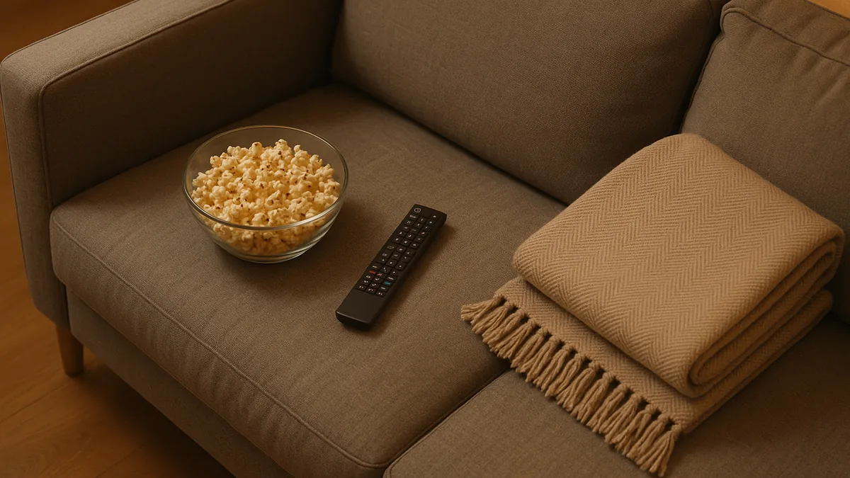 Canapé vu de dessus avec un bol de pop-corn, une télécommande et un plaid plié